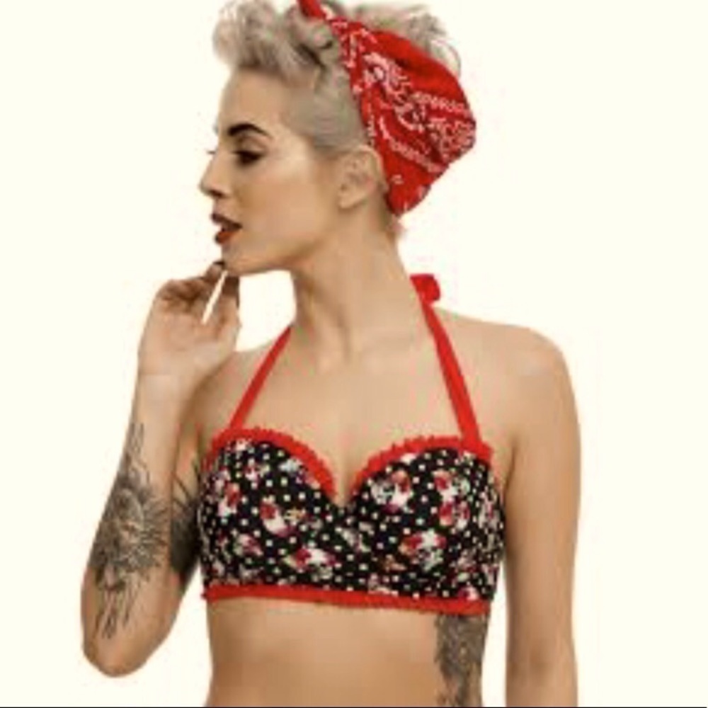 Hot Topics Vintage Bikini top Polka Dots with Skulls and roses.